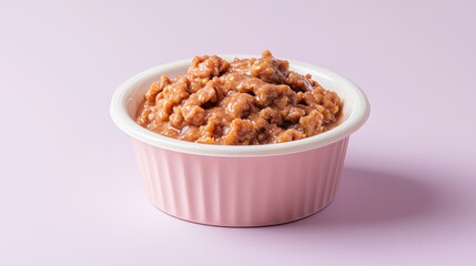 A close-up shot reveals a pink bowl filled with a savory brown meat-based pet food, ideal for a healthy and nutritious meal for your canine companion.