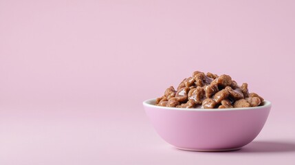 A pink bowl filled with delicious brown pet food sits against a soft pink background perfect for pet food packaging or blog designs.