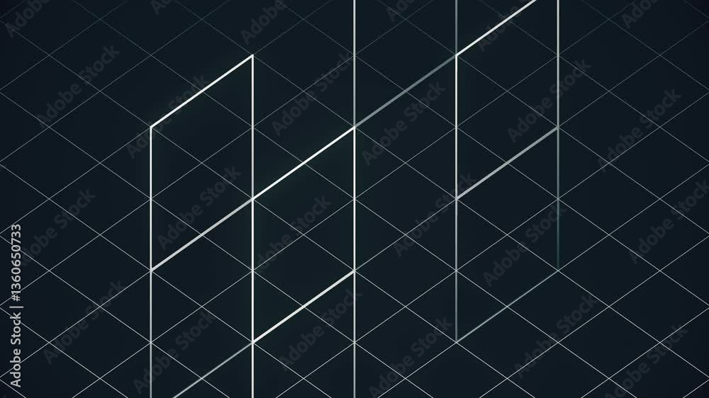 Aufkleber Dynamic transformation of geometric shapes on a dark background. Bright white lines form a symmetrical rhombus pattern that changes smoothly. 3d rendering seamless loop animation 4K