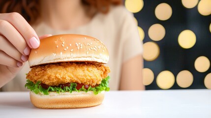 A woman gently lifts the top bun of a delicious crispy chicken burger ready to take a satisfying bite in a warm inviting setting.