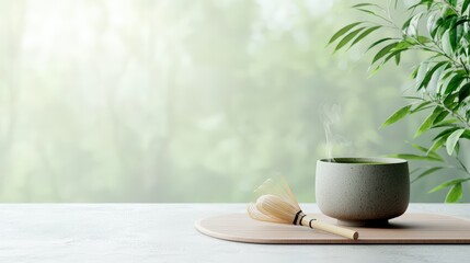 A serene matcha tea ceremony scene features a steaming bowl of green tea next to a bamboo whisk on a minimalist wooden tray against a blurred natural background.
