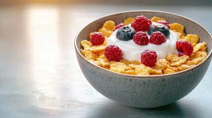 A delicious and healthy breakfast bowl of cornflakes topped with creamy yogurt, fresh raspberries and blueberries sits on a gray surface bathed in warm sunlight.