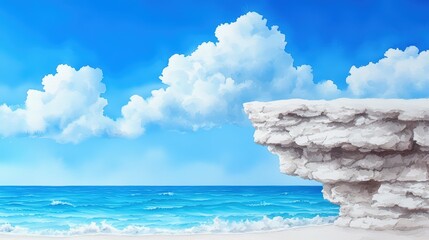 A picturesque digital painting depicts a serene coastal cliff overlooking a calm turquoise ocean under a bright blue sky with fluffy white clouds creating a tranquil summer beach