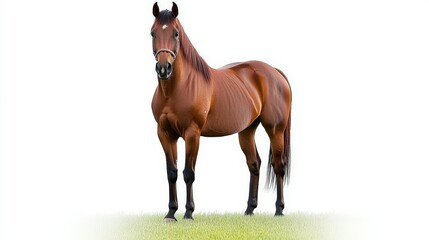 Obraz premium Majestic brown horse standing gracefully on lush grassland.