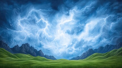 A dramatic landscape painting depicts a vibrant lightning storm above rolling green hills and dark mountain peaks under a swirling blue sky.