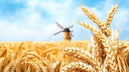Golden wheat stalks stand tall in a sun-drenched field under a bright blue sky with a rustic windmill gently turning in the distance creating a picturesque rural scene.