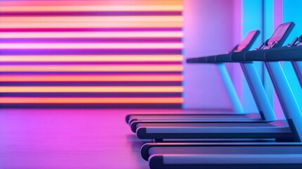 Modern gym interior featuring treadmills with vibrant neon lighting and colorful backdrop