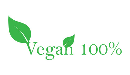 100% Vegan green icon with leaves for eco products