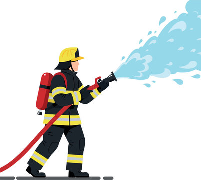 Firefighter in protective gear spraying water from a hose in a flat vector illustration showcasing bravery and action in a heroic scene vector art