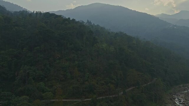 Aerial, drone shot 4k. Aerial view of the sunny day in Pelling, Sikkim. Northern India. Indian Mountain. D Log. Bird eye View. Travelling Northeast Video. Indian mountain village.