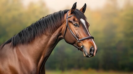 Obraz premium Majestic horse profile against a blurred natural background, showcasing its beauty and elegance.