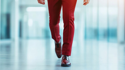 Fototapeta premium Business Person in Stylish Red Pants Walking Confidently Through Modern Office Space with Bright Natural Light and Professional Atmosphere