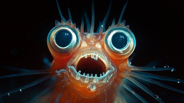 Bioluminescent Crystal Alien Fish with Neon Glow in the Deep Ocean