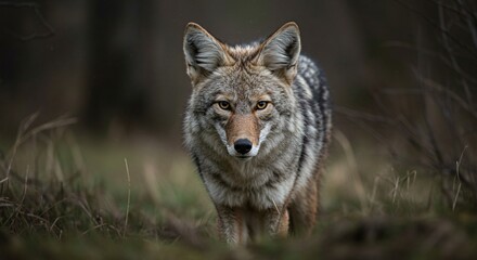 A majestic coyote staring directly towards the viewer in nature