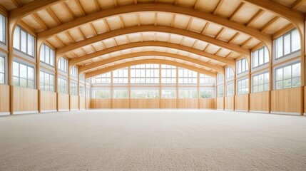 Natural light-filled arena with sandy flooring and timber architecture, perfect for riding practice and equestrian training sessions.