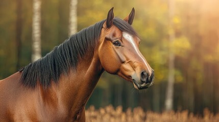 Obraz premium A majestic horse stands in a sunlit forest, showcasing its detailed features and vibrant surroundings.