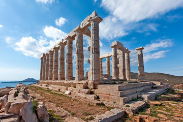 Temple of Poseidon at Sounio Cape, in south Attica region, Greece, Europe. The temple was built in...