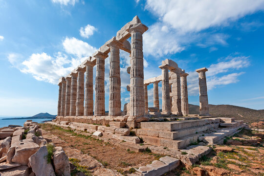Temple of Poseidon at Sounio Cape, in south Attica region, Greece, Europe. The temple was built in 5th century BC and was dedicated to the god of sea.