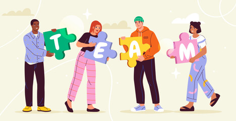 Teamwork concept with puzzle pieces. Vector illustration