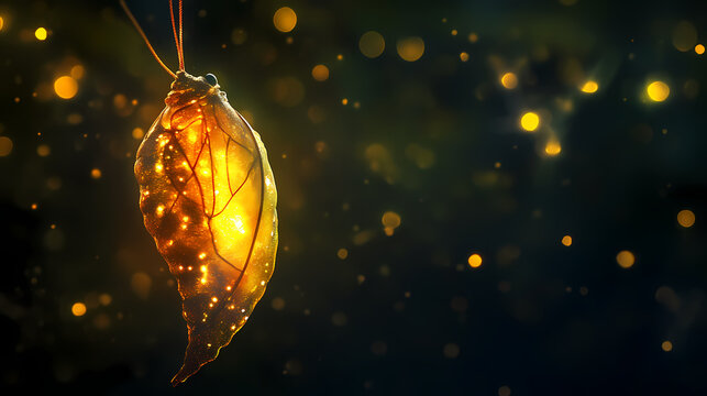 Illuminated chrysalis in darkness - transformation and renewal concept for nature themes. Golden Chrysalis. Illustration