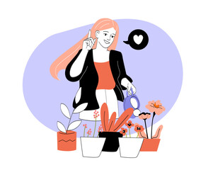 Woman watering plants happily. Vector illustration
