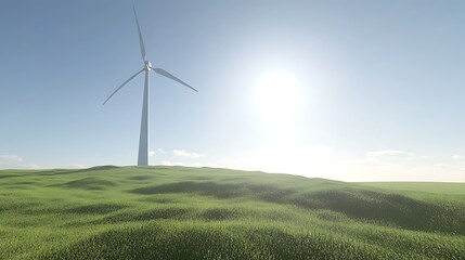 A scenic landscape with renewable energy equipment in the distance on a sunny day with clear sky