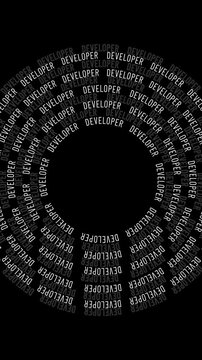 Vertical video with the word "DEVELOPER" repeating in concentric circles, alternating between filled and outlined text, centered on the screen with an empty center.