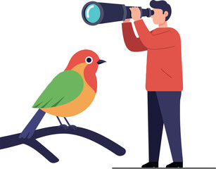 Fototapeta premium A man observing a colorful bird through binoculars in a flat vector art style, showcasing nature and curiosity in a vibrant scene of wildlife exploration