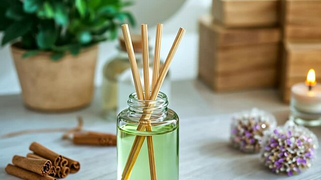 Elegant aroma diffuser setup with decorative elements and natural scents in a cozy indoor setting