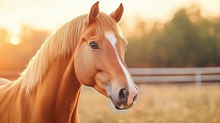 Fototapeta premium Close-up of a gentle horse at dusk, with its mane flowing and sunlight creating a warm, natural vignette around it.