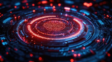 Futuristic digital interface, glowing circular display, data processing, network security