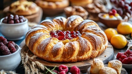Raspberry pastry, bakery table, rustic setting, food photography