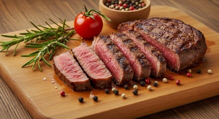 A close-up photo of a perfectly cooked steak on a wooden cutting board. The steak is sliced into six even portions, with a nice char on the outside and a juicy, pink interior.