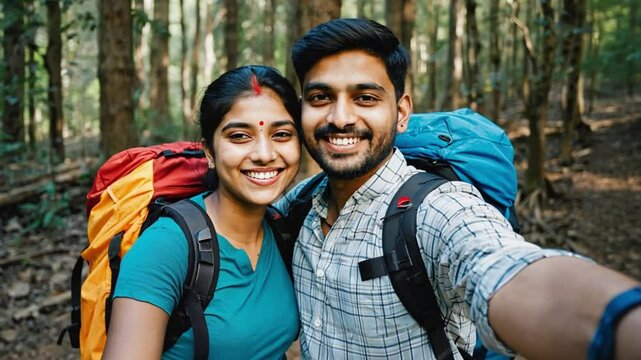 A smiling indian couple wearing backpacks takes a selfie in a sunlit forest trail. Concept of togetherness, cultural pride, and nature-based travel.