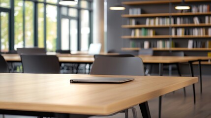 Modern study area with a wooden table, laptop, and bright windows showcasing a library