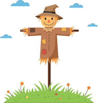 A cheerful scarecrow standing on a wooden post in a vibrant green field, surrounded by colorful flowers and fluffy clouds, flat vector illustration