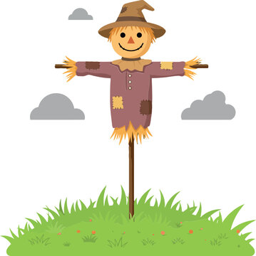 Colorful scarecrow standing proudly in a lush green field under fluffy clouds, showcasing a flat design style in vector art
