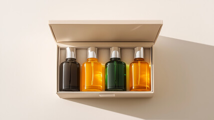 Luxury cosmetic or perfume bottle set in elegant packaging