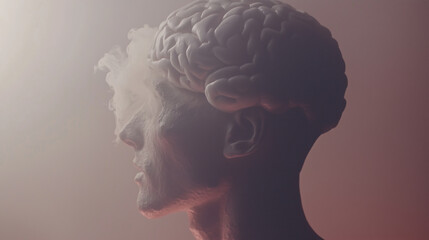 Abstract image of a man with his brain and eyes disappearing in smoke