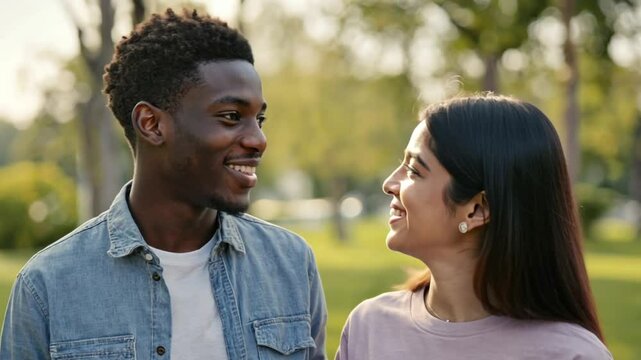 A black man and an indian woman share a warm smile while standing in a green park. Concept of multicultural friendship, summer casual date, and diverse bonding.