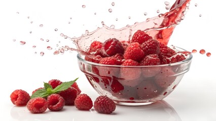 Vibrant Red Raspberries in a Glass Bowl with a Dynamic Splash &ndash; Fresh and Juicy Berries in Motion
