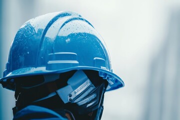 Worker Wearing Hard Hat with Water Droplets Ready for Construction Work