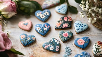 an intricate view of DIY hand-painted fridge magnets in floral and heart designs