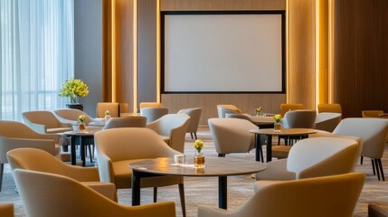 Modern lounge interior with cozy seating, elegant decor, and a large screen in the background