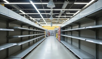"Spacious Empty Metal Gondola Shelving in Grocery Store Under Bright Overhead Lighting for Placement Product"