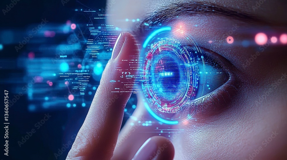 Poster futuristic eye technology with digital interface and data visuals emphasizing innovation and connect