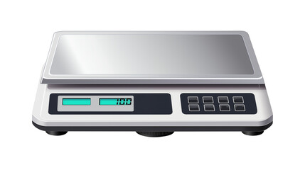 A digital scale with a stainless steel platform on a black background displaying one hundredisolated on transparent background	