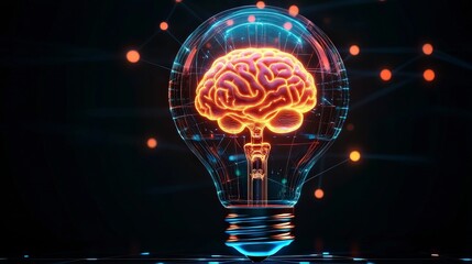 Illuminated brain inside a light bulb, symbolizing creativity and innovation in a digital world.