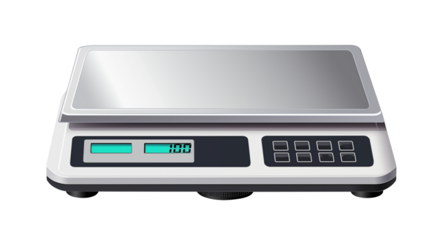 A digital scale with a stainless steel platform on a black background displaying one hundredisolated on transparent background	