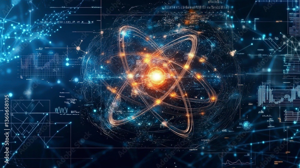 Poster visual representation of atomic structure with data overlays and scientific diagrams in a dark blue 